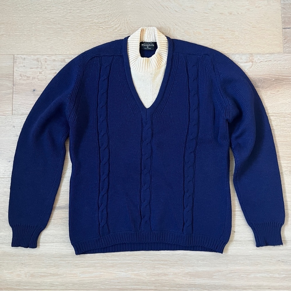 Vintage Gimbels 100% Wool Navy Cable Knit Sweater Sz L Unisex Classic Retro*Q19